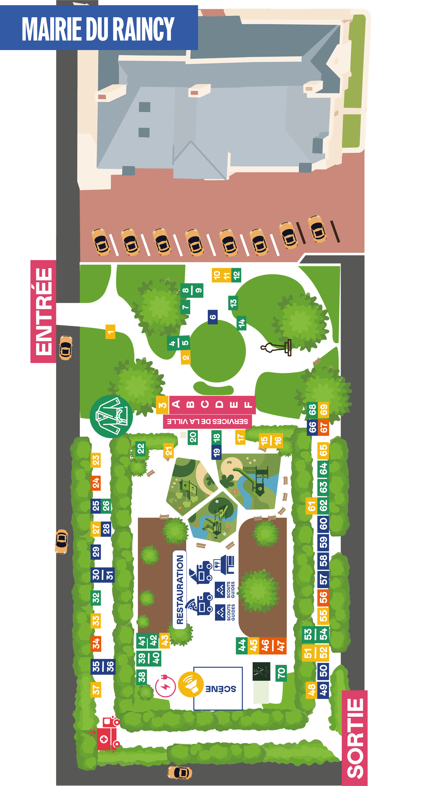 Plan du site du Salon des associations, Square Maunoury : entrée, sortie, scène, restauration, tatamis et emplacement des 70 stands
